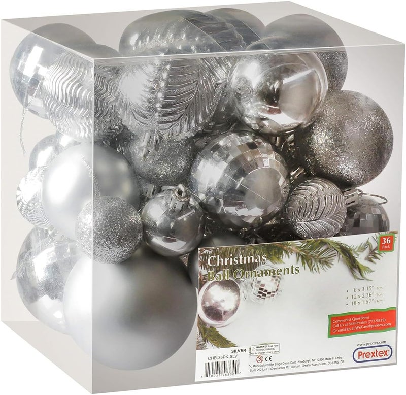 Prextex 36pc Silver Christmas Ornaments Set - Shatterproof Christmas Tree Ornaments in 3 Sizes and 6 Styles - Hanging Balls with Loops in Matte, Shiny, and Glitter Finishes for Indoor-Outdoor Display - Image 1